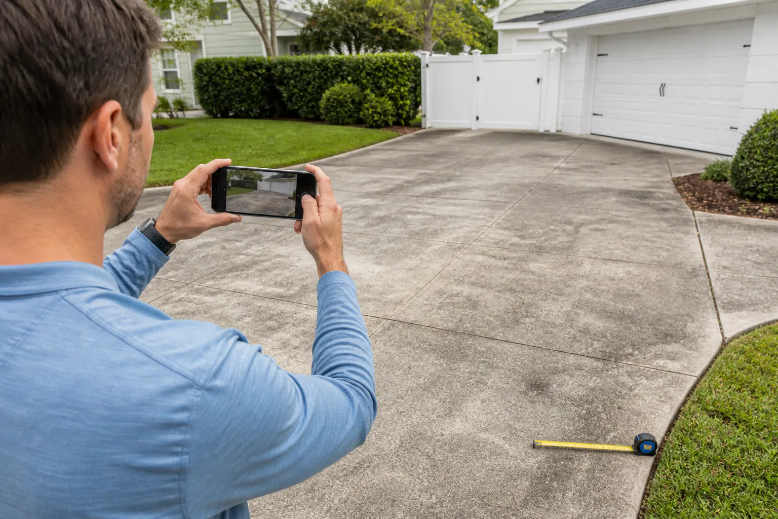 A homeowner photographing a complete driveway.