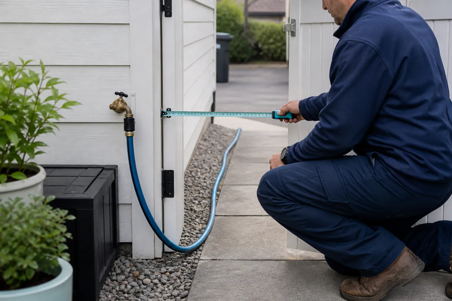 An exterior water connection and side gate being checked.