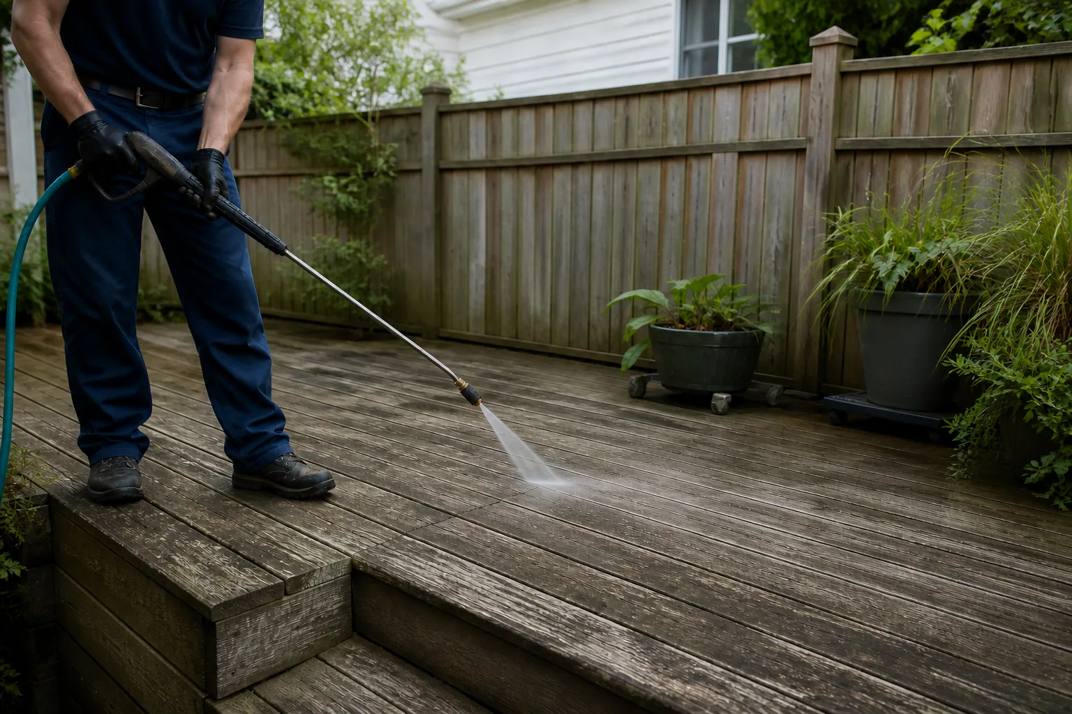 A residential wood deck and fence.