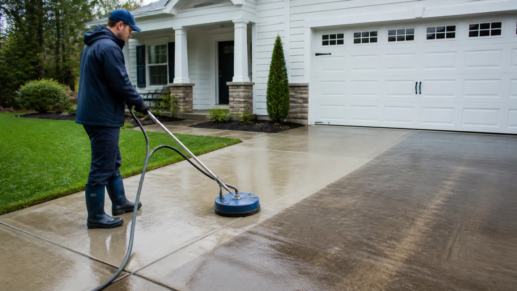 An owner-operator cleaning a driveway with a visible clean pass.