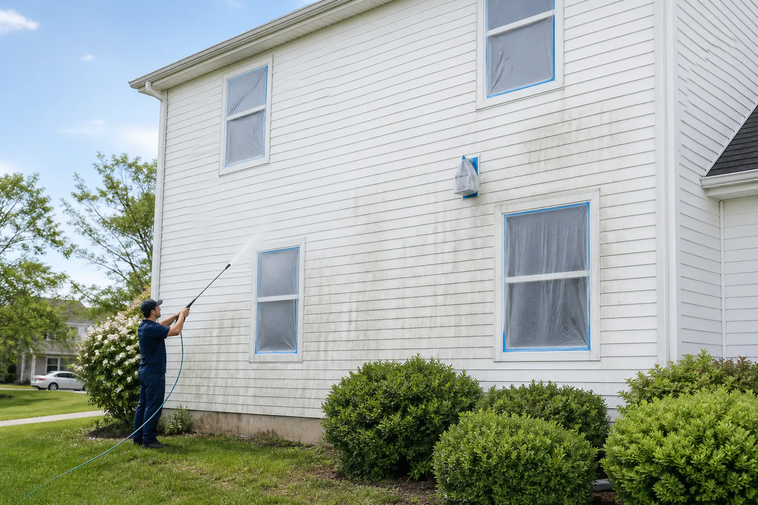 A light-colored house exterior being washed from ground level.