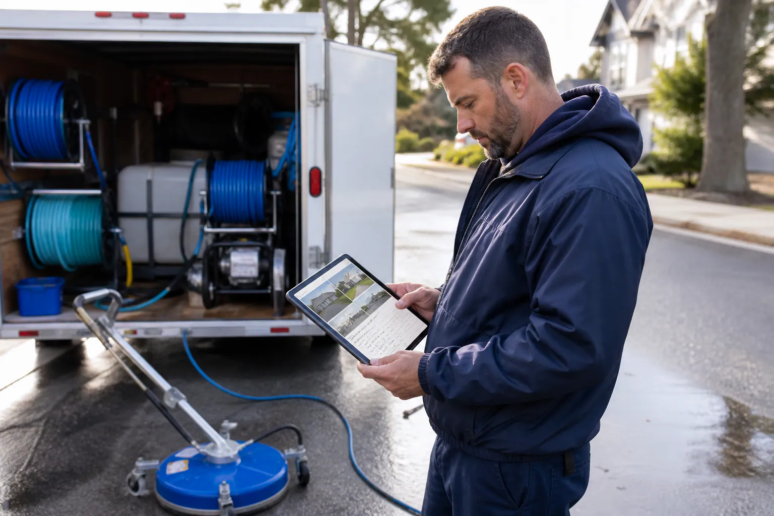 The SurfaceWise owner-operator reviewing property photographs beside organized equipment.