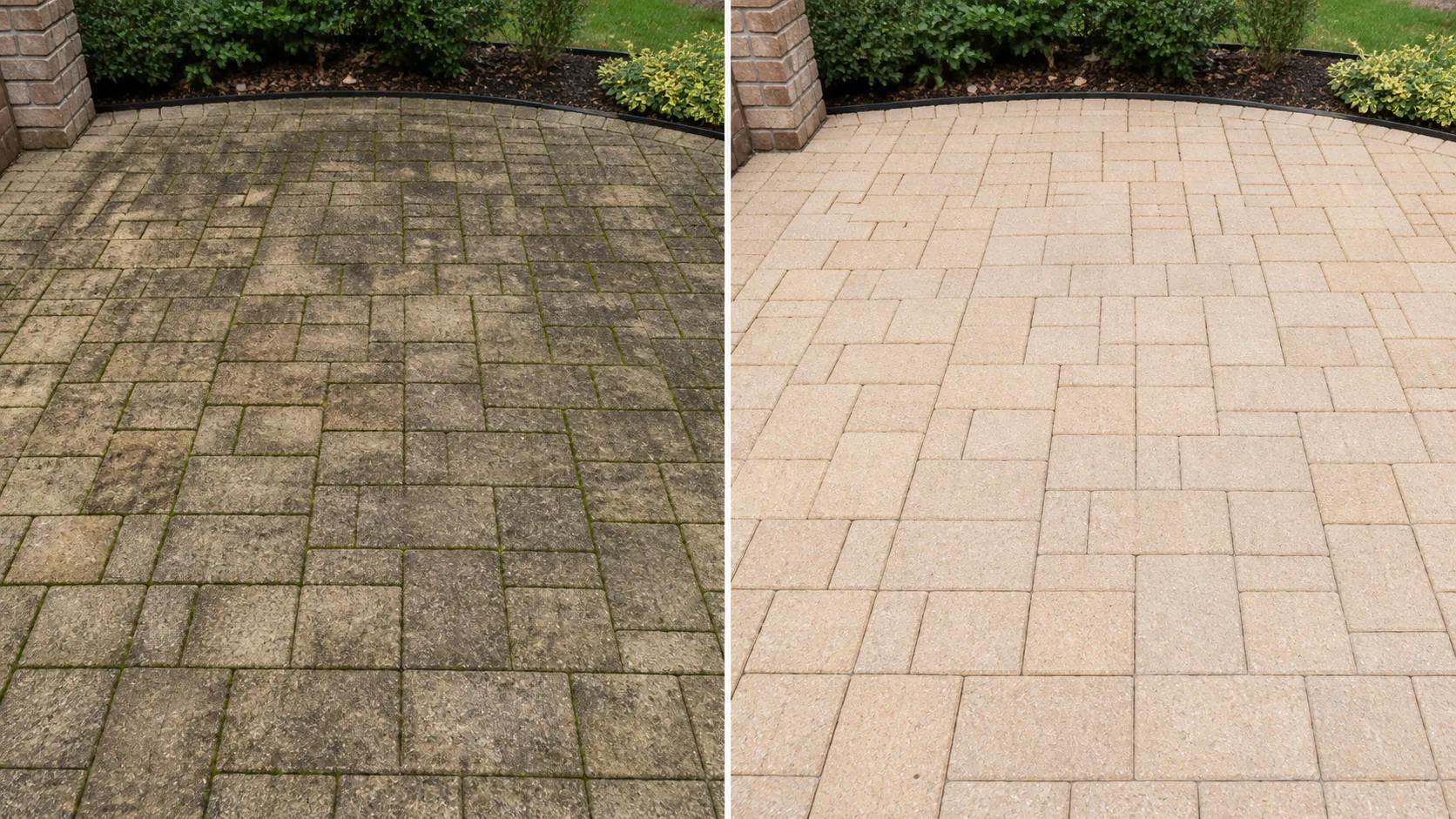 The same paver patio before cleaning, with dark grime and algae visible across the surface and joints.