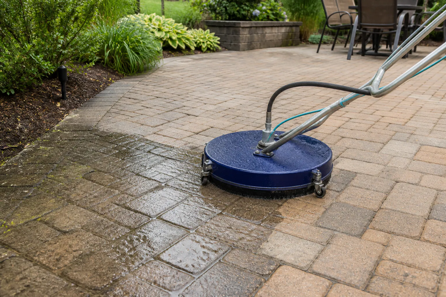 A paver patio being cleaned with a surface cleaner.