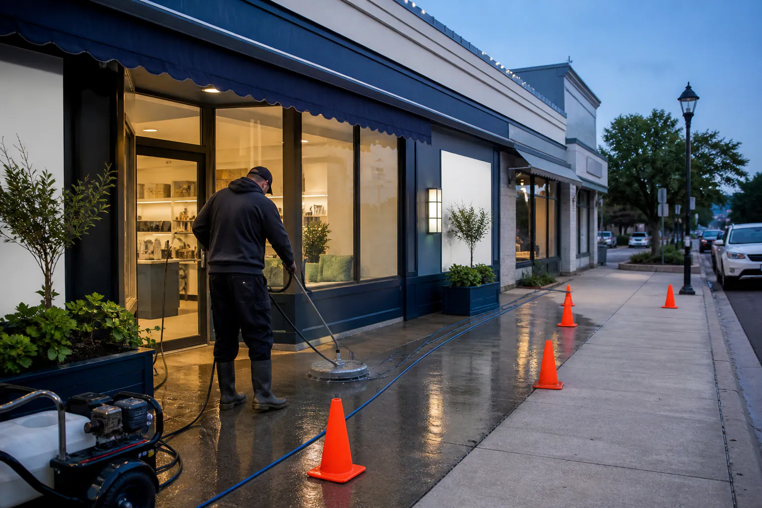 A small storefront sidewalk being cleaned before opening.